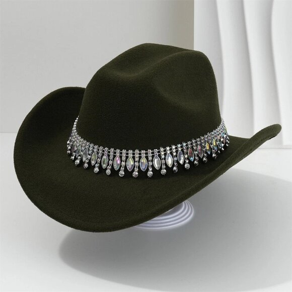 Green Cowboy Hat Rhinestone Band Western Rodeo Country Music Festival Party Cap - Picture 2 of 2